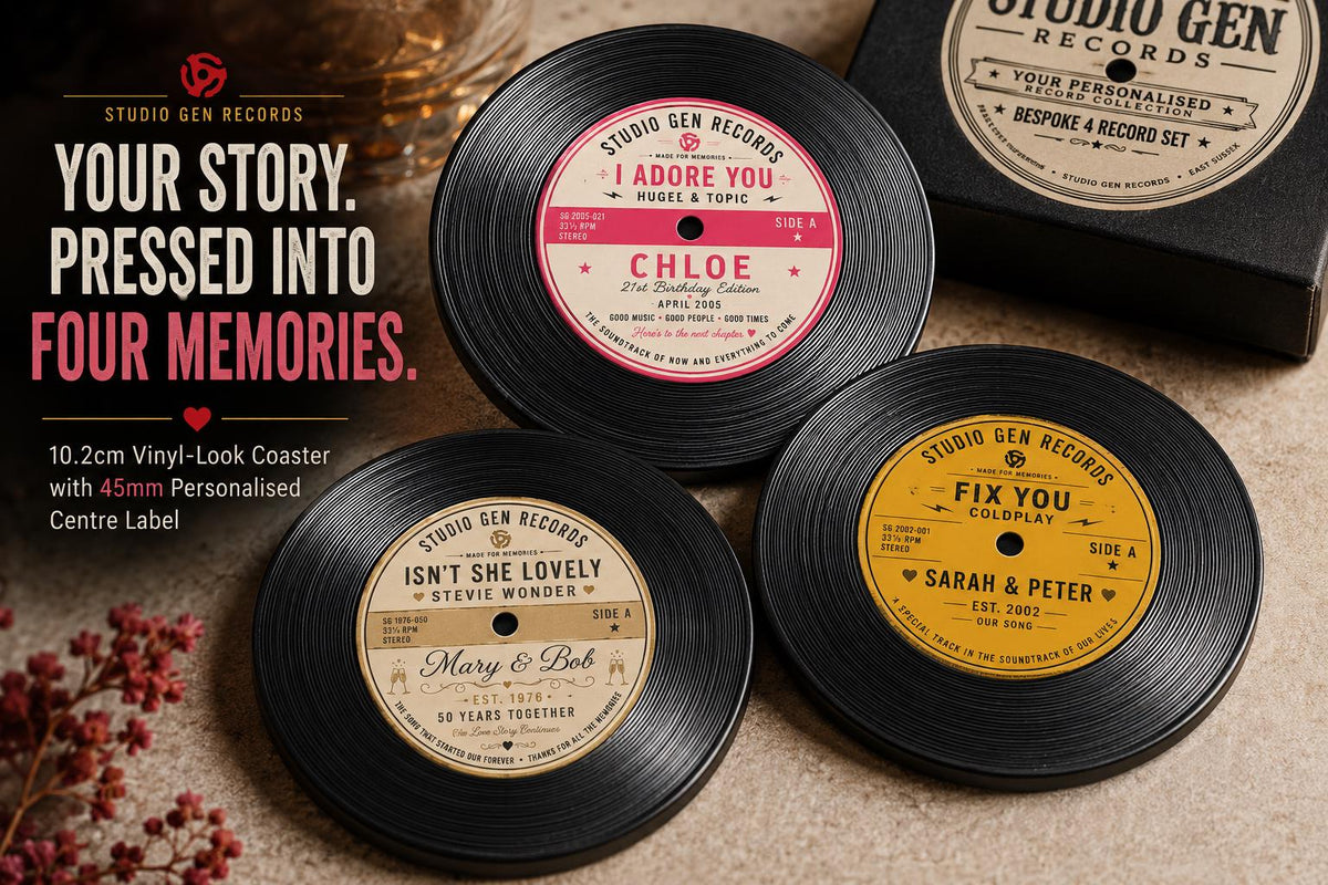 Personalised Vinyl Record Coaster Set, 4 Bespoke Music Coasters, Favourite Song Gift, Birthday Anniversary Wedding Music Gift