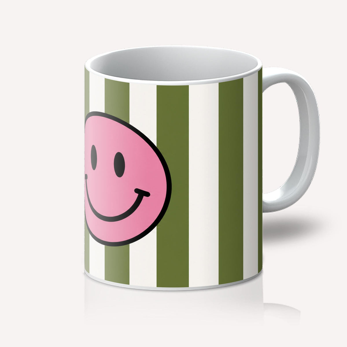 Pink Smiley Face Mug, Green Striped Mug, Retro 70s Coffee Cup, Happy Gift for Her, Colourful Kitchen Gift