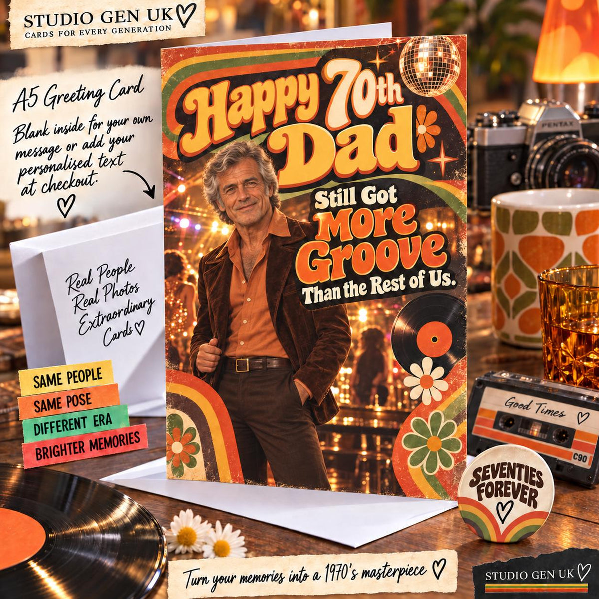 Personalised 1970s Photo Card, Custom Birthday Card, Retro 70s Gift, Mum Dad Anniversary Card, Choose Your Era