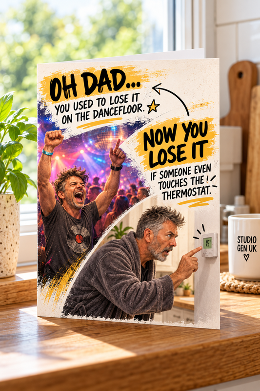Funny Dad Card: Then & Now Thermostat Joke, Gen X Humour Birthday Card