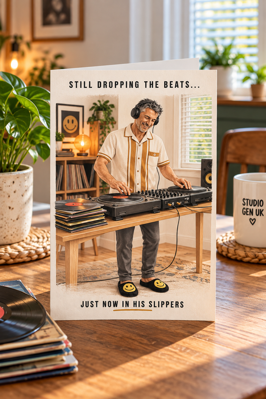 Funny DJ Dad Card: Still Dropping Beats in Slippers – Father’s Day Birthday Gift