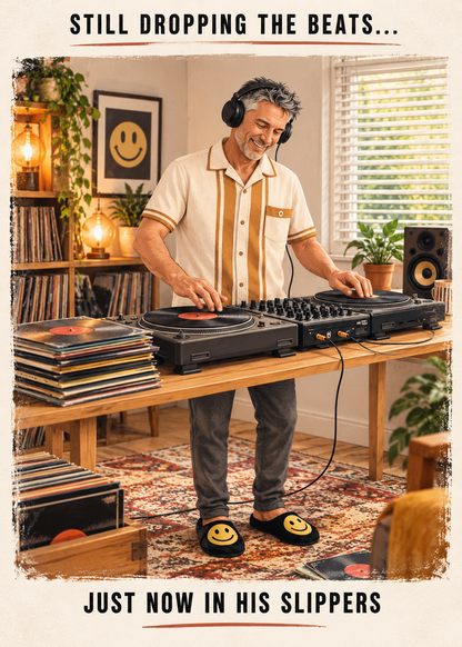 Funny DJ Dad Card: Still Dropping Beats in Slippers – Father’s Day Birthday Gift