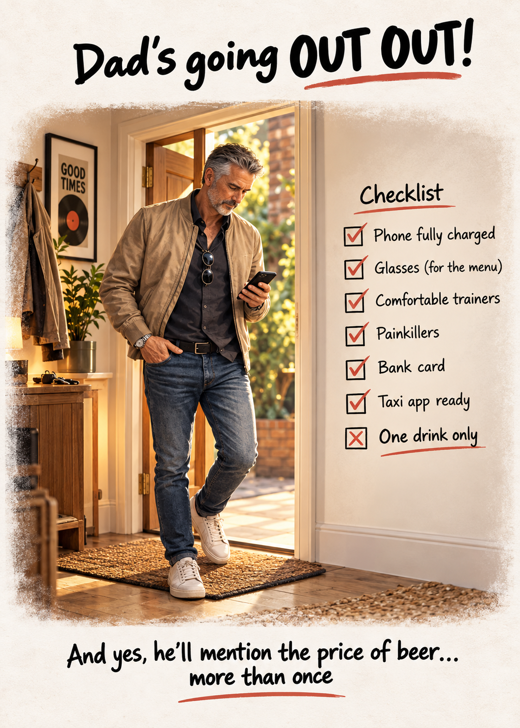 Funny Dad Birthday Card: Humorous Night Out Checklist (A5)