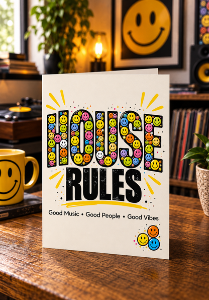 House Rules Card: Good Music, People, Vibes – New Home Congratulations Greeting