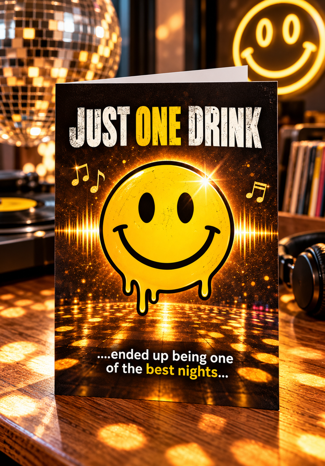 Funny Birthday Card: Just One Drink, Gen X Rave Music Lover Greeting