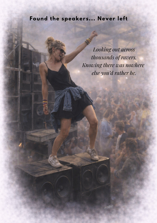 Gen X Rave Card: Found Speakers, Never Left – 90s Clubbing Nostalgia Birthday Greeting
