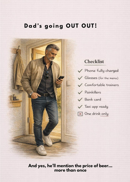 Funny Dad Birthday Card: Humorous Night Out Checklist (A5)