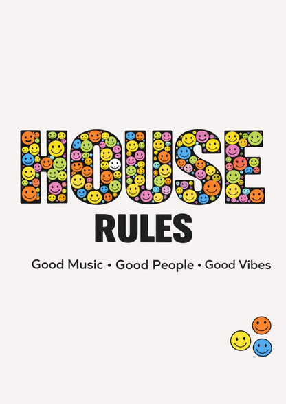 House Rules Card: Good Music, People, Vibes – New Home Congratulations Greeting