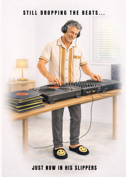Funny DJ Dad Card: Still Dropping Beats in Slippers – Father’s Day Birthday Gift