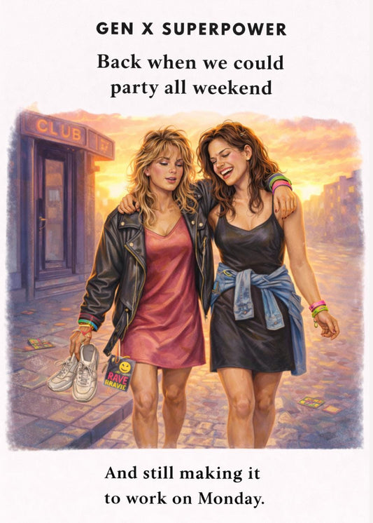 Gen X Superpower Card, Nostalgic Party Weekend Humor, Friendship Birthday Greeting