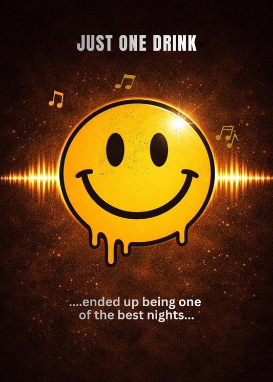 Funny Birthday Card: Just One Drink, Gen X Rave Music Lover Greeting