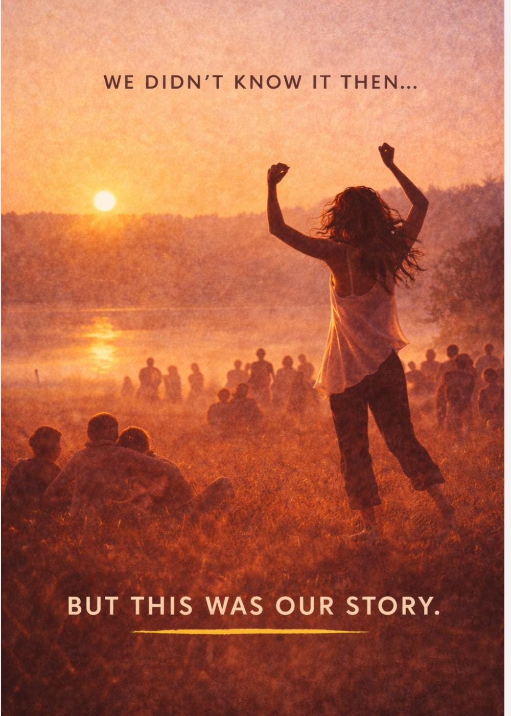 May include: A poster with a warm, orange and yellow colour scheme. A person is silhouetted against a sunset, arms raised. Text at the top reads "WE DIDN'T KNOW IT THEN..." and at the bottom, "BUT THIS WAS OUR STORY."
