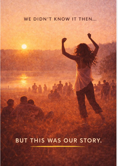 May include: A poster with a warm, orange and yellow colour scheme. A person is silhouetted against a sunset, arms raised. Text at the top reads "WE DIDN'T KNOW IT THEN..." and at the bottom, "BUT THIS WAS OUR STORY."