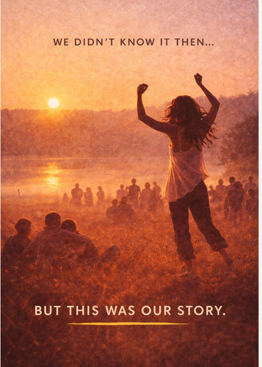 May include: A poster with a warm, orange and yellow colour scheme. A person is silhouetted against a sunset, arms raised. Text at the top reads "WE DIDN'T KNOW IT THEN..." and at the bottom, "BUT THIS WAS OUR STORY."
