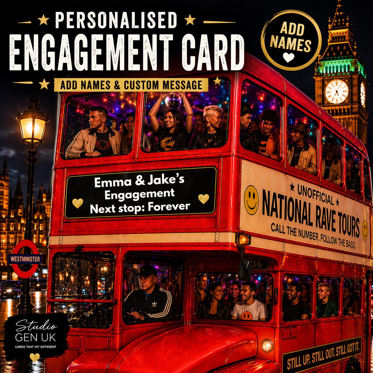 Personalised Engagement Card * Custom Couple Card * Rave Bus Card * Just Engaged Gift * Funny Engagement Card * Names & Message