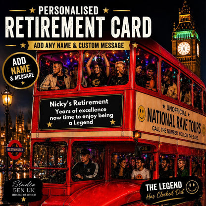 Personalised Retirement Card * Funny Retirement Card * Custom Name Card * Leaving Work Card * Gen X Rave Bus Card * Unique Retirement Gift