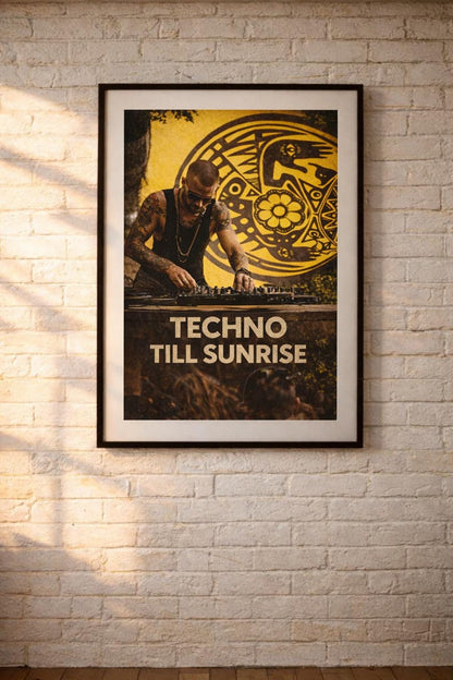 May include: A framed poster with a black border, featuring a DJ at a music event. The poster has a yellow and black background with a tribal design. The text "TECHNO TILL SUNRISE" is displayed prominently.