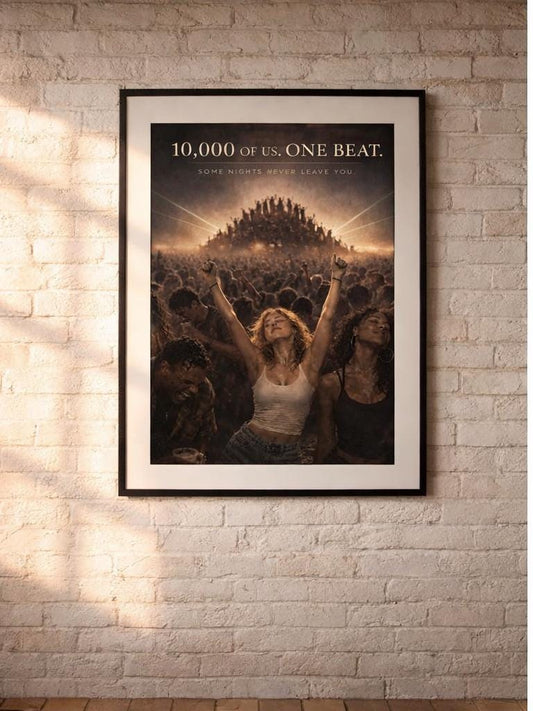 May include: A framed poster with the text "10,000 of us. One beat. Some nights never leave you." The image shows a concert crowd, with a woman in the foreground with her arms raised. The poster is in a black frame and is on a white brick wall.