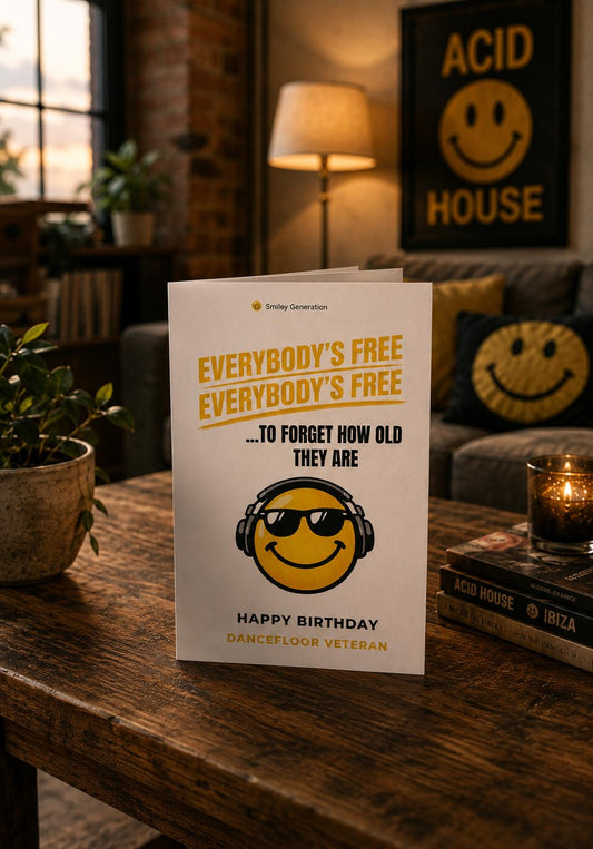 Nostalgic Dance Music Birthday Card: Everybody’s Free To Forget Age (Rave Smiley)