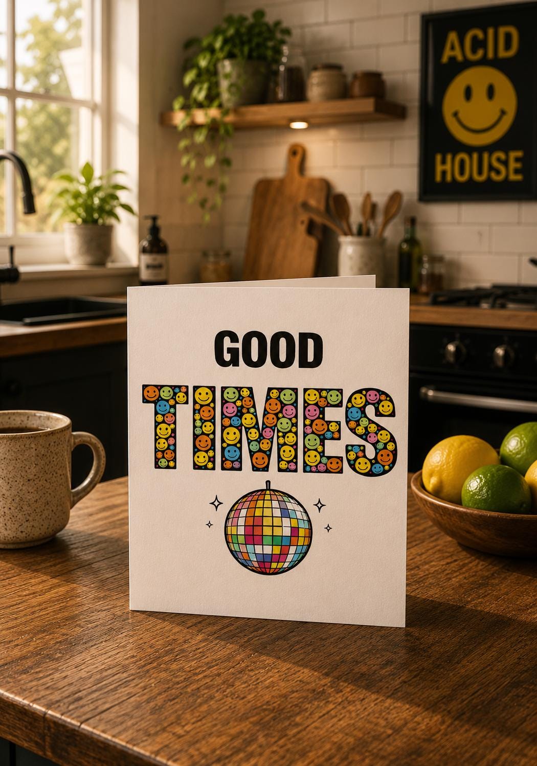 Good Times Smiley Face Card – Retro Rave Vibes Greeting, Studio Gen UK