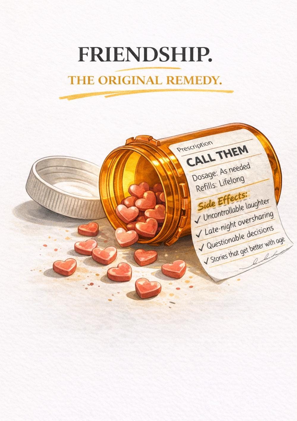 May include: An illustration shows a prescription bottle spilling heart-shaped pills. The bottle reads "CALL THEM" with "Dosage: As needed" and "Refills: Lifelong." Side effects include uncontrollable laughter and late-night oversharing. The text "FRIENDSHIP. THE ORIGINAL REMEDY." is at the top.