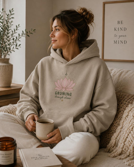 Growing Through Chaos Hoodie, Lotus Flower Hoodie, Spiritual Hoodie. AS Colour Relax Faded Hood, Wellness Hoodie, Minimalist Hoodie