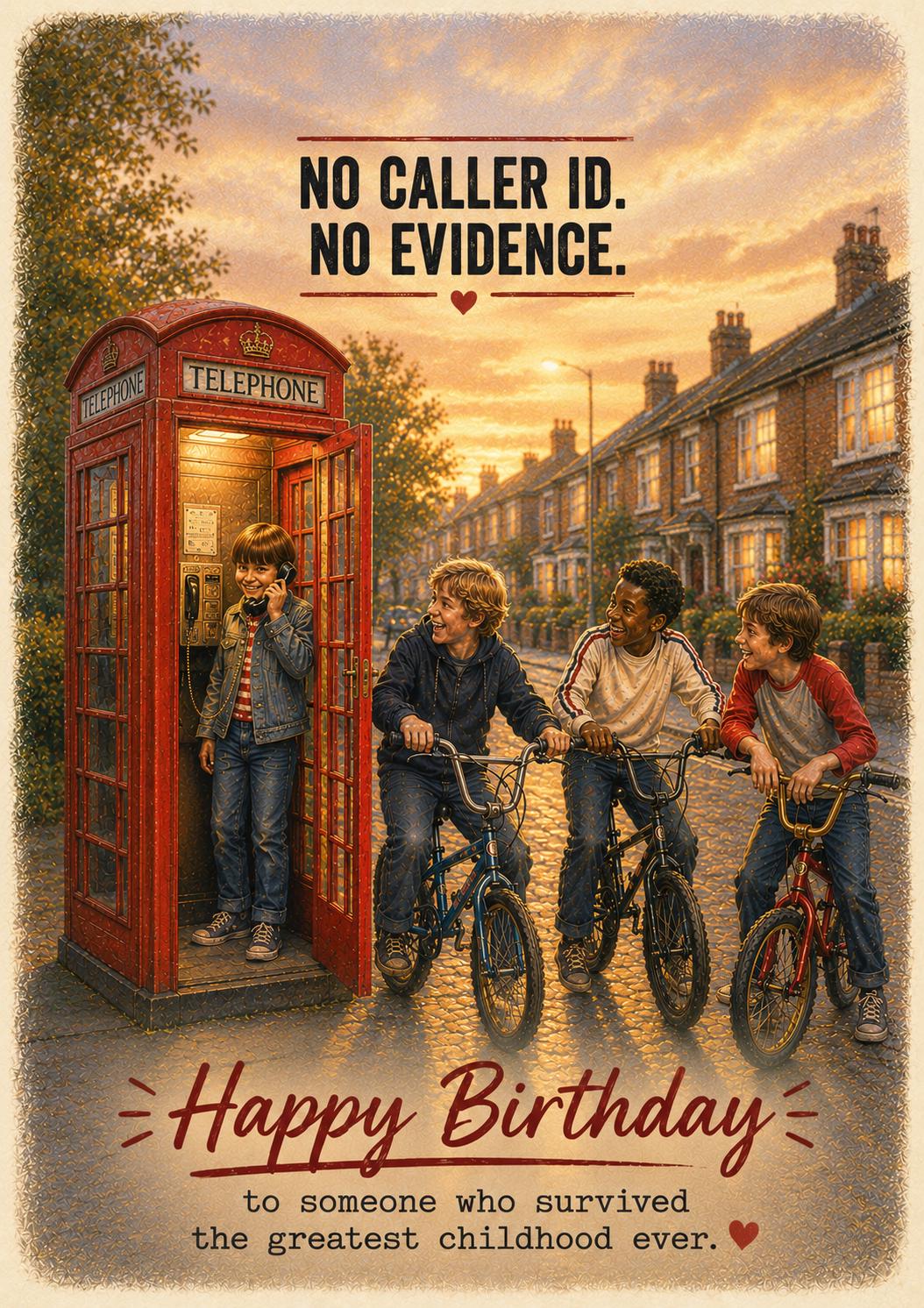 No Caller ID No Evidence Card * Funny Gen X Birthday Card * 80s Childhood Nostalgia * Retro BMX Phone Box Card * Happy Birthday Card