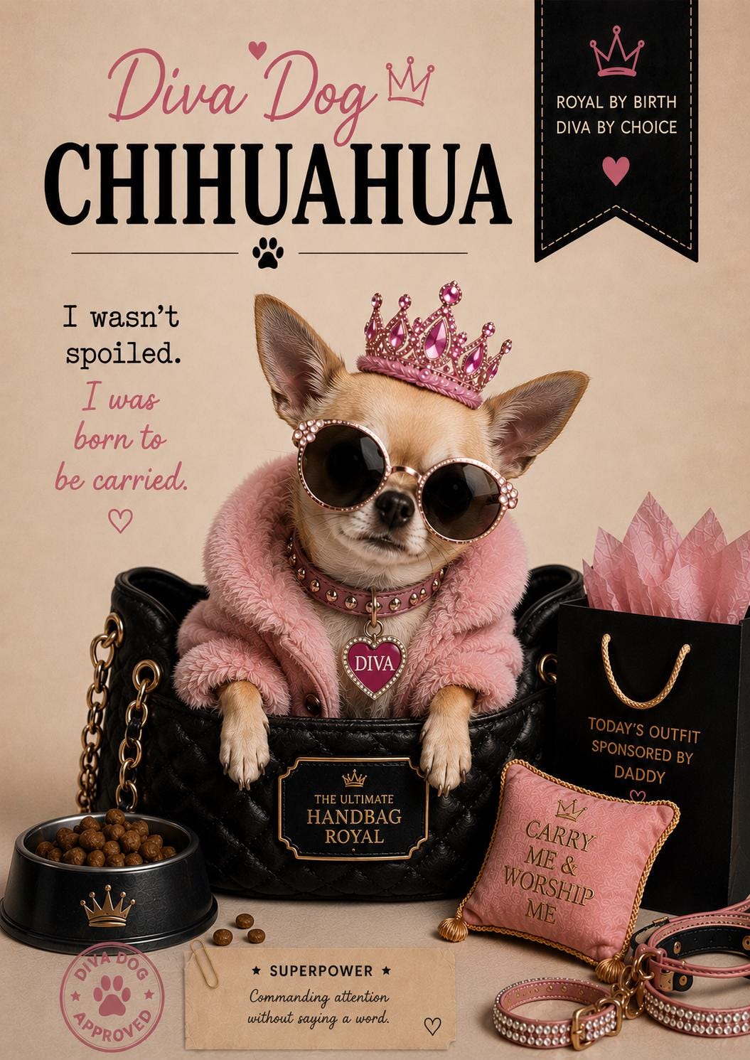 Personalised Diva Dog Card, Chihuahua, French Bulldog, Shih Tzu, Yorkie, Pomeranian, Dog Mum Birthday Card