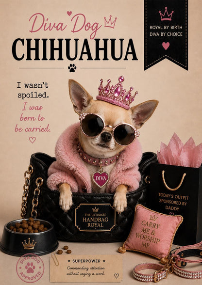 Personalised Diva Dog Card, Chihuahua, French Bulldog, Shih Tzu, Yorkie, Pomeranian, Dog Mum Birthday Card