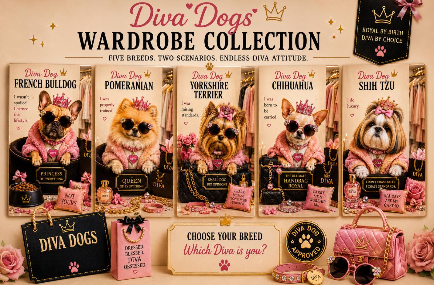 Personalised Diva Dog Card, Chihuahua, French Bulldog, Shih Tzu, Yorkie, Pomeranian, Dog Mum Birthday Card