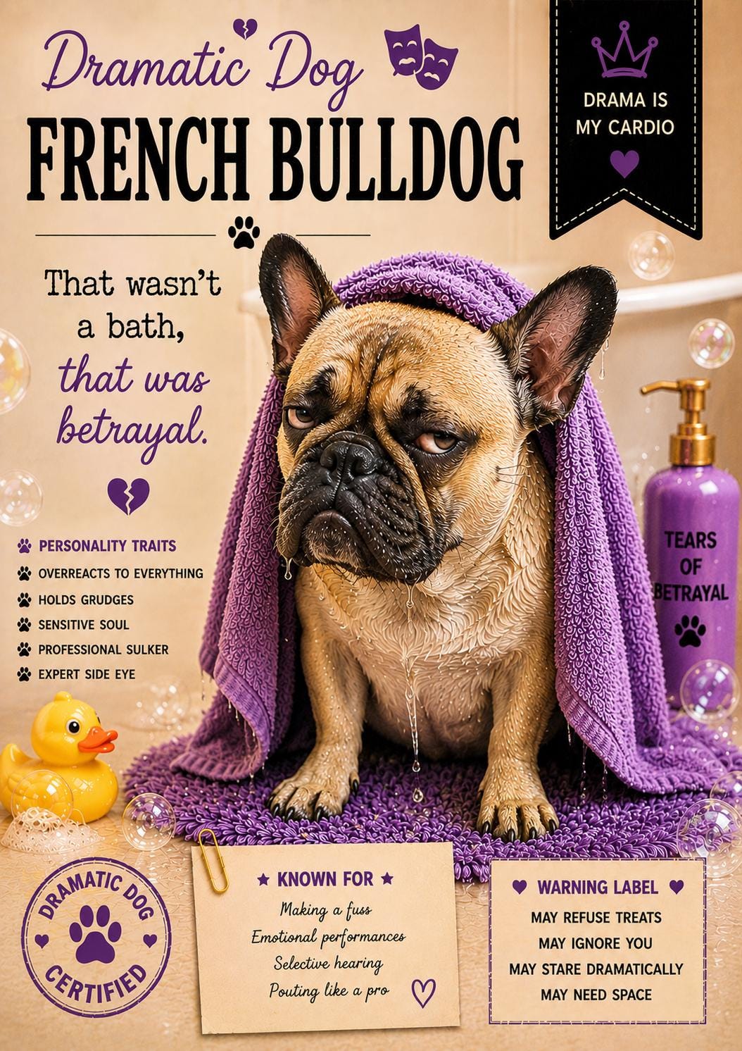 Personalised Dramatic Dog Card, Dog Lover Greeting Card, French Bulldog, Beagle, Dachshund, Cocker Spaniel, Husky, Funny Pet Card