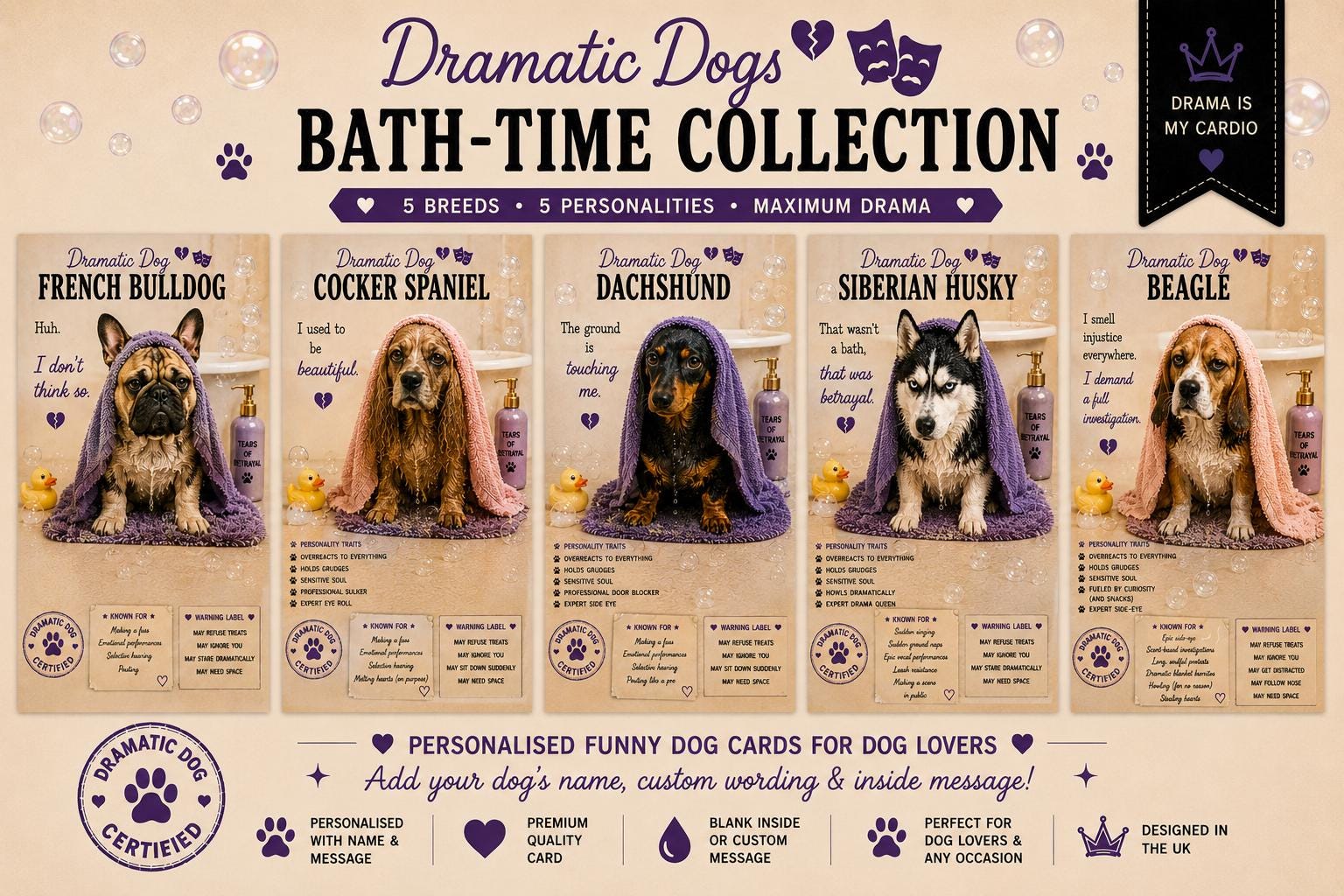 Personalised Dramatic Dog Card, Dog Lover Greeting Card, French Bulldog, Beagle, Dachshund, Cocker Spaniel, Husky, Funny Pet Card