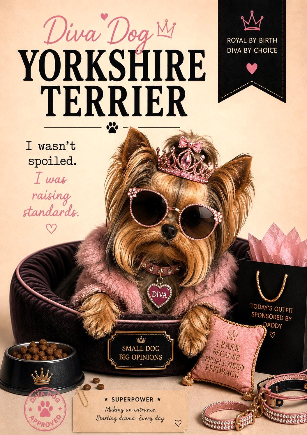 Personalised Diva Dog Card, Chihuahua, French Bulldog, Shih Tzu, Yorkie, Pomeranian, Dog Mum Birthday Card