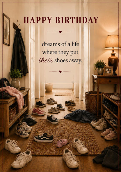 Funny Birthday Card * Frankie’s World * Shoes in Hallway Card * Personalised Family Humour Card