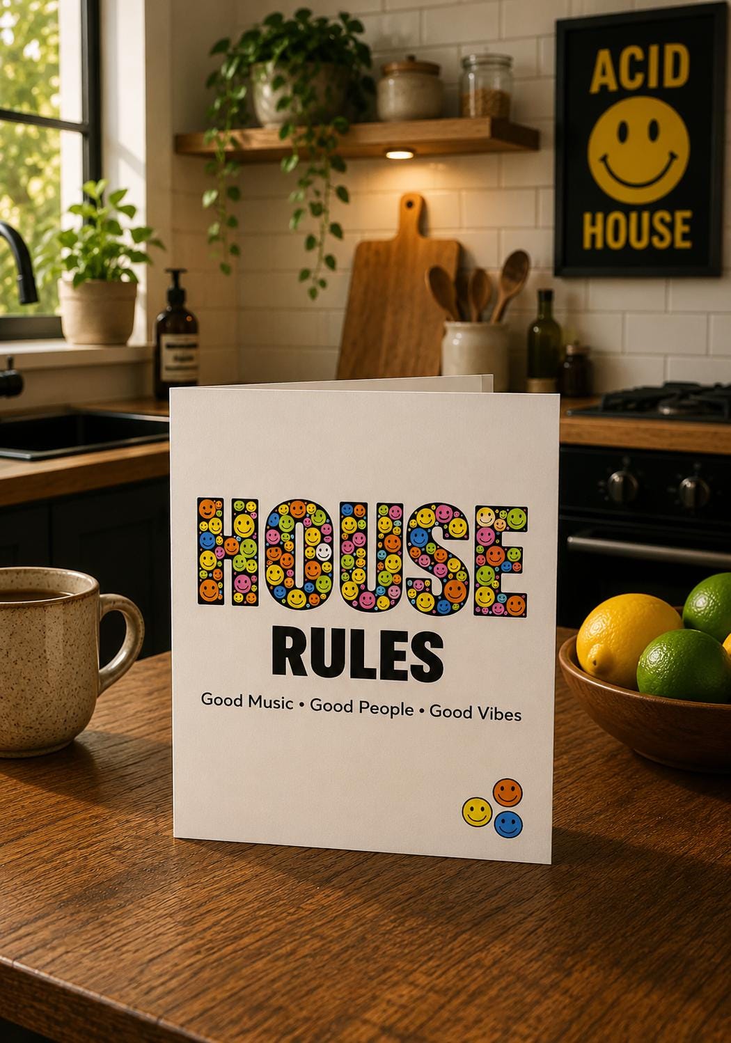 House Rules Card: Good Music, People, Vibes – New Home Congratulations Greeting