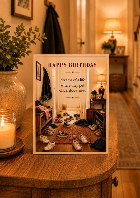 Funny Birthday Card * Frankie’s World * Shoes in Hallway Card * Personalised Family Humour Card