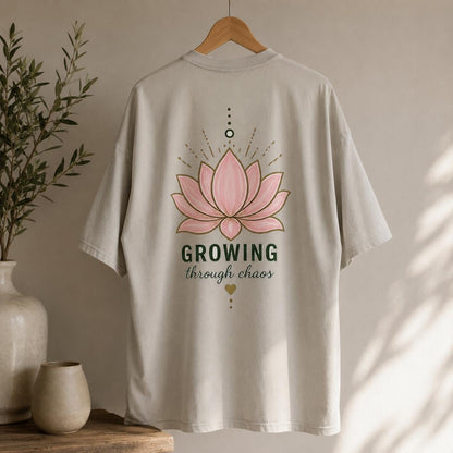 Growing Through Chaos Oversized T-Shirt, Lotus Flower Graphic Tee, Calm Collection, Premium Unisex Tee