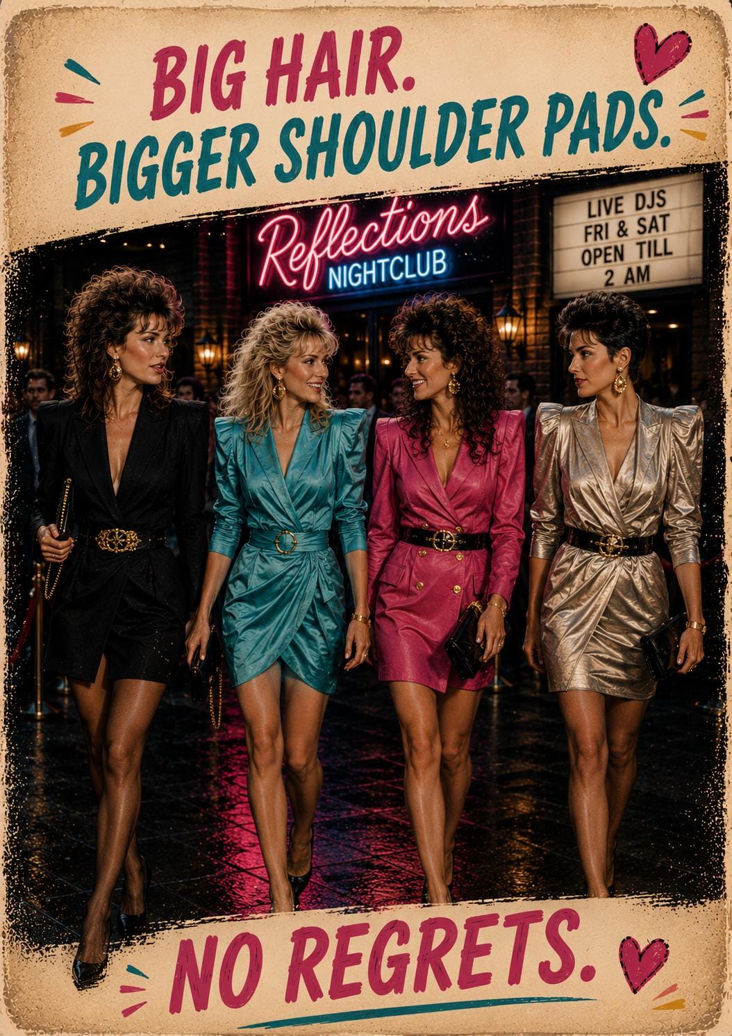 Big Hair Bigger Shoulder Pads Greeting Card, Funny 80s 90s Nostalgia Card, Gen X Birthday Card, Retro Nightclub Card, Girls Night Out