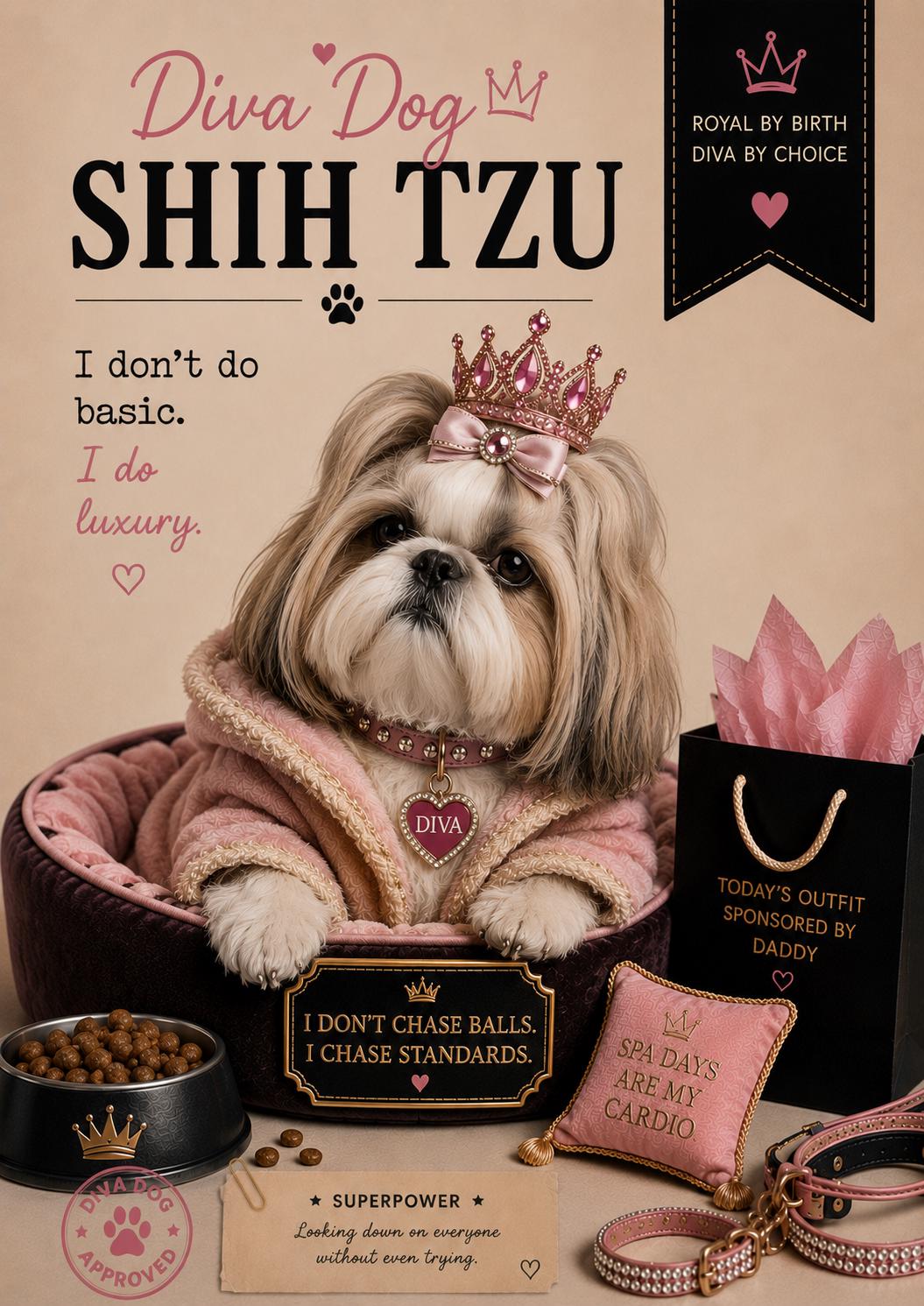 Personalised Diva Dog Card, Chihuahua, French Bulldog, Shih Tzu, Yorkie, Pomeranian, Dog Mum Birthday Card