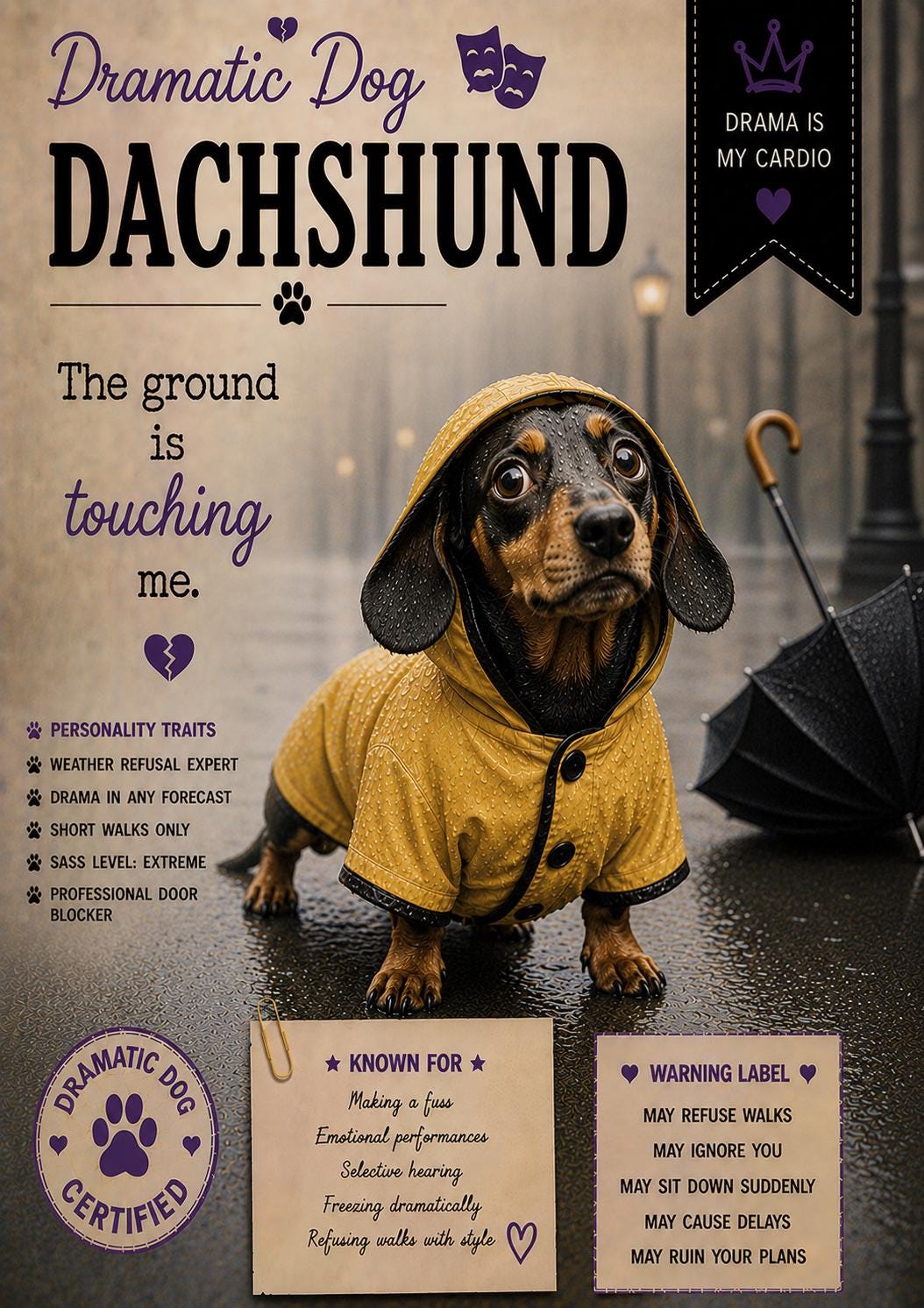 Personalised Dramatic Dog Card, Dog Lover Greeting Card, French Bulldog, Beagle, Dachshund, Cocker Spaniel, Husky, Funny Pet Card