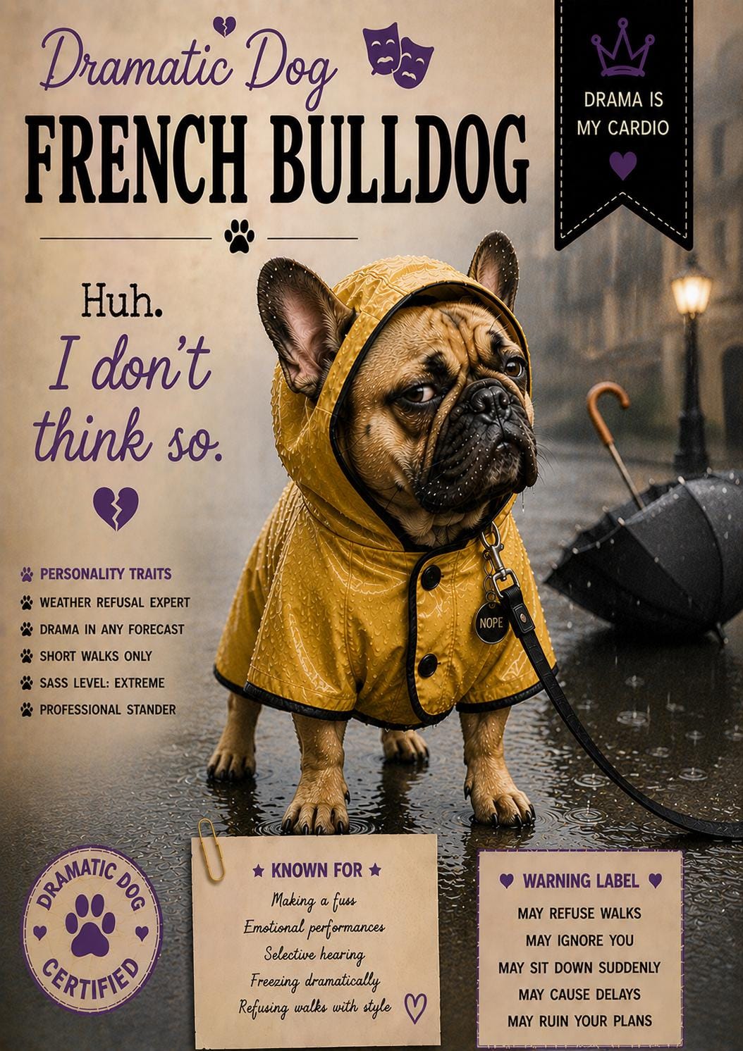 Personalised Dramatic Dog Card, Dog Lover Greeting Card, French Bulldog, Beagle, Dachshund, Cocker Spaniel, Husky, Funny Pet Card