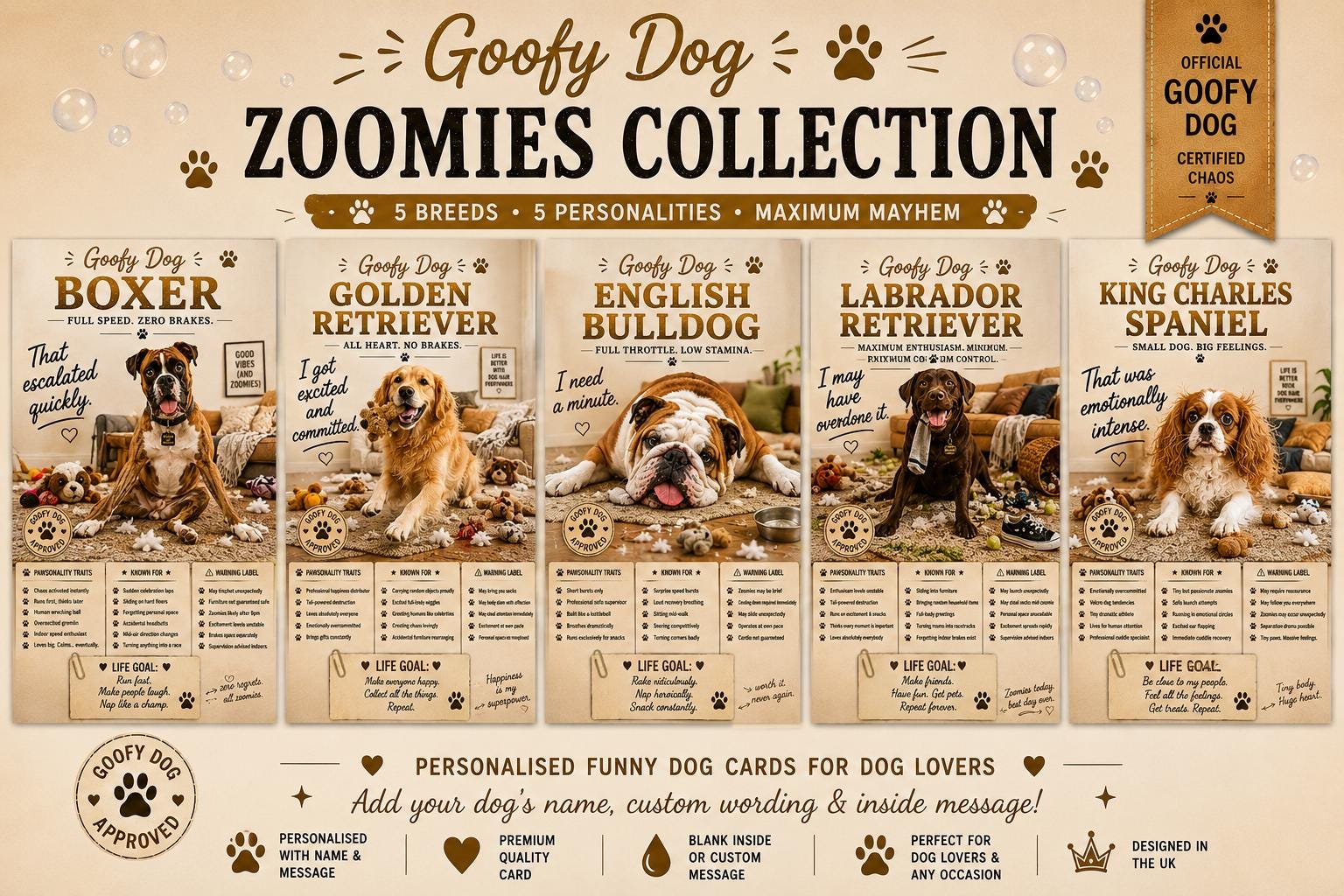 Personalised Goofy Dog Card, Snack-Time Collection, Chaos Dog Gift, Boxer, Golden Retriever, Labrador, English Bulldog, Spaniel