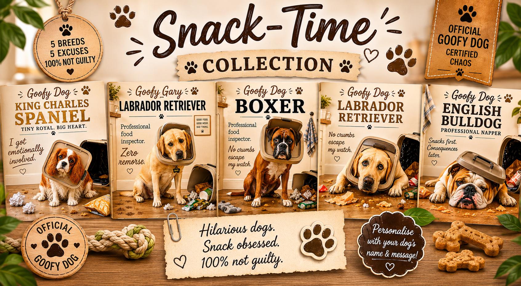 Personalised Goofy Dog Card, Snack-Time Collection, Chaos Dog Gift, Boxer, Golden Retriever, Labrador, English Bulldog, Spaniel