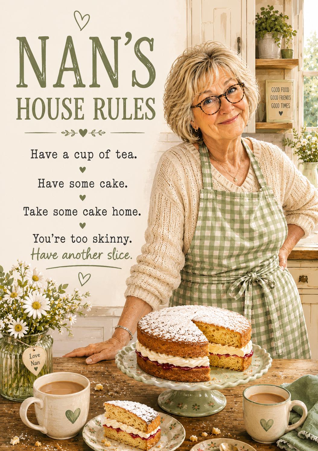 Nan's House Rules Card, Funny Nan Birthday Card, Grandma Card, Nanny Gift, Tea & Cake Greeting Card, Family Card for Nan