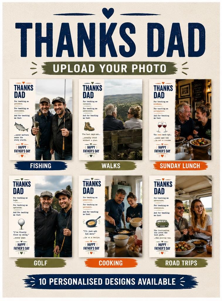 Thanks Dad Collection | Personalised Dad Card | Upload Your Photo | Fishing, Football, Golf, Rugby & Pub Designs