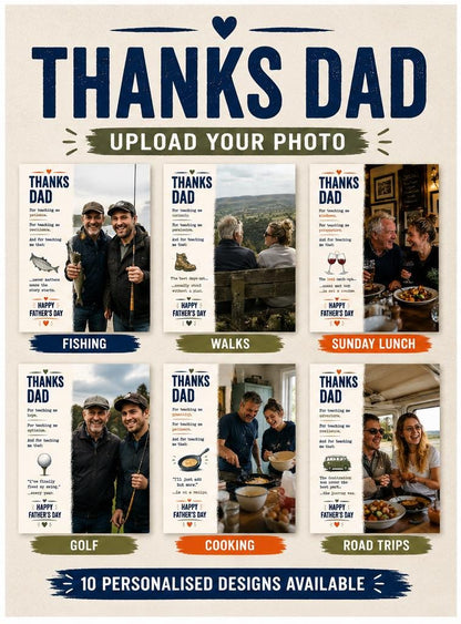 Thanks Dad Collection | Personalised Dad Card | Upload Your Photo | Fishing, Football, Golf, Rugby & Pub Designs