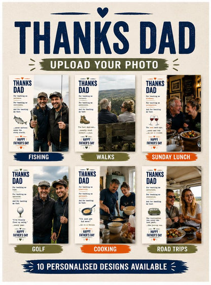 Thanks Dad Collection | Personalised Dad Card | Upload Your Photo | Fishing, Football, Golf, Rugby & Pub Designs