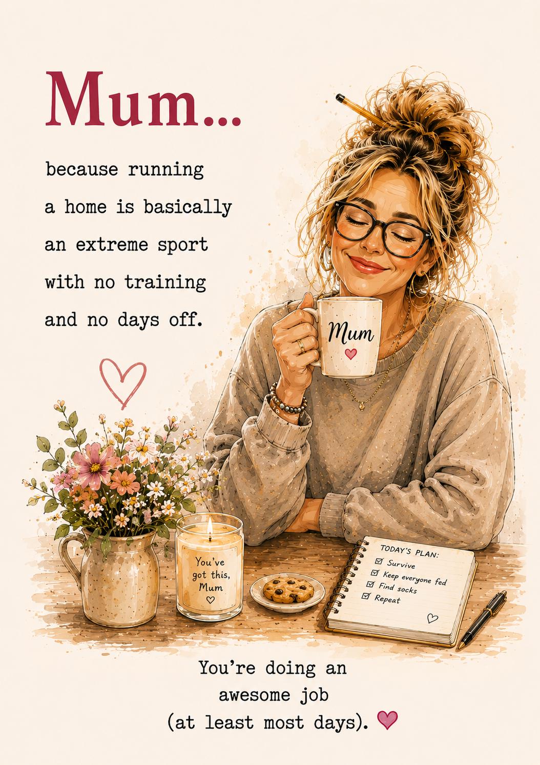 Mum Card, Because Running A Home Is Basically An Extreme Sport, Mum Birthday Card, Card For Mum, Appreciation Card