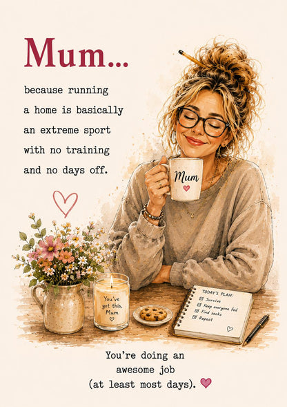 Mum Card, Because Running A Home Is Basically An Extreme Sport, Mum Birthday Card, Card For Mum, Appreciation Card