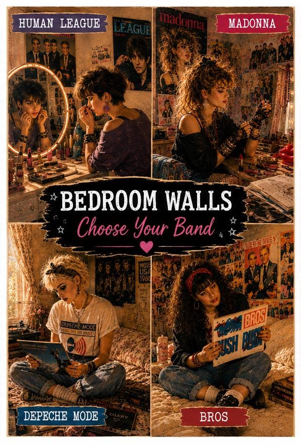 Bedroom Walls | Personalised Music Fan Card, 80s & 90s Teen Bedroom Memories, The Cure Wham Madonna Bros Take That Duran Duran